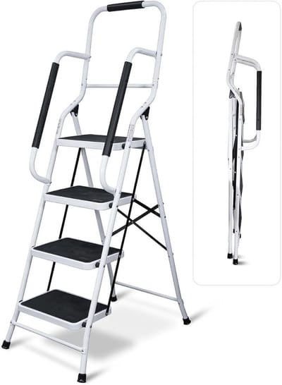 DailySupplies® Huishoudtrap 4 Treden - Keukentrap - Inklapbaar - Antislip - Extra Stevig - Zwart en Wit