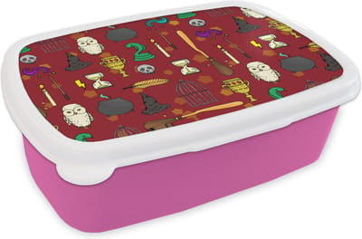 Broodtrommel Roze - Lunchbox - Brooddoos - Tiener - Uil - Slang - Patronen - 18x12x6 cm - Kinderen - Meisje