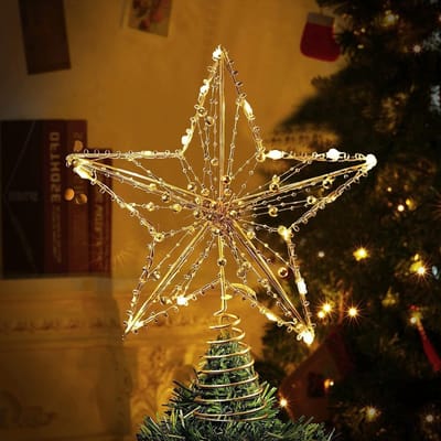 Verlichte Ster voor Kerstboomdecoratie met Gouden Parels en 20 Mini Lichten - 27x22cm, Perfect voor Feestelijke Sfeer en Kerstversiering