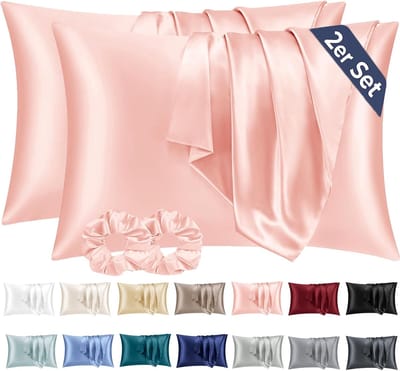 Famanu – 2 Satijn Kussenslopen Roze - zo Zacht als Zijde - Goed voor Haar en Huid - Envelopsluiting met 2 Haarbandjes