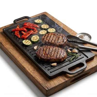Lomera Grillplaat Gietijzer - Dubbelzijdig - Bakplaat BBQ - Barbecue Grillpan - Plancha - Geribbeld en Glad - Omkeerbare Braadplaat - Gietijzeren Bakplaat - Tepanyaki - Voor Barbecue en Kampvuur - Buitenkeuken - BBQ Accessoire - Zwart