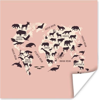 Wereldkaart Kinderen - Roze - Dieren - 30x30 cm - Poster