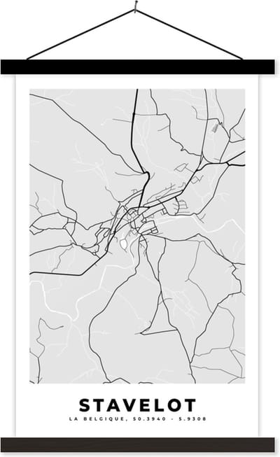 Posterhanger incl. Poster 40x60 cm - Schoolplaat - Zwart Wit – België – Plattegrond – Stadskaart – Kaart – Stavelot - Textielposter - Zwarte latten - Stadskaart