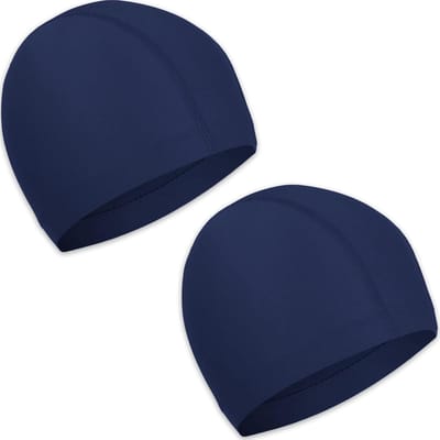 2 elastische zwemmutsen, zwemmuts van polyesterstof, comfortabele zachte zwemmuts voor kinderen, vrouwen en mannen- Donkerblauw