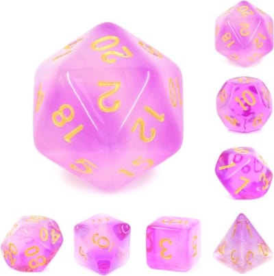 Polyset Dice | Polydice | Paars Wit Glitters Transparant en Goud | Dobbelstenen Set Van 7 Stuks| Voor D&D en Andere Rollenspellen | Plastic Dobbelstenen Set voor Dungeons and Dragons | Polyhedral Dice Set | DnD / D&D / Dungeons and Dragons | Dice Bag