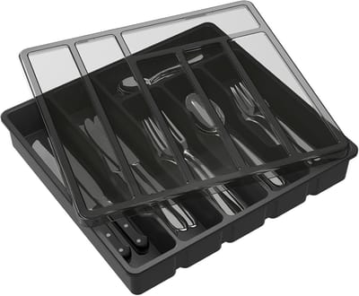 Famanu - Besteklade met deksel keuken organizer met 6 compartimenten zwart