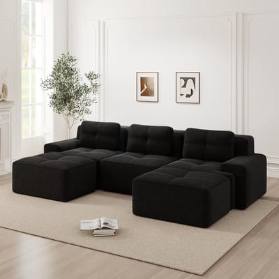 Wishdor - Modulaire U-Bank - Diepe Zitting En Montagevrij - Minimalistisch Ontwerp Voor De Woonkamer - Ribstof - Zwart - 74 Cm Zitdiepte