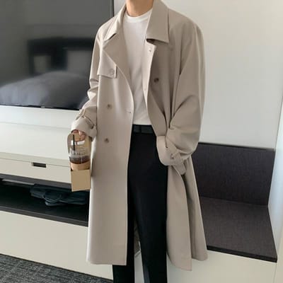 Herfst nieuwe middellange en lange trenchcoat heren Koreaanse versie trend over de knie losse knappe jas 2XL gray