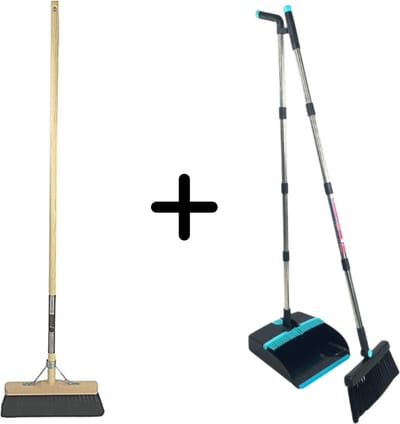 Synx Tools Paardenhaar 40cm & Stoffer en Blik set van 2- Paardenhaar / Kamerveger - Zachte bezem 40 cm - Bezemsteel - Verstelbaar steel tot 121 cm - Stoffer & Blik Met Schoonmaaktanden