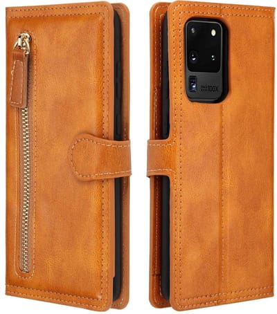 Hoesje geschikt voor Samsung Galaxy A32 5G Book case met ritssluiting van LuxeBass - Flipcover - Magnetisch - 5 kaarten houder - Lichtbruin gsm hoesje - telefoonhoes - telefoonhoesjes