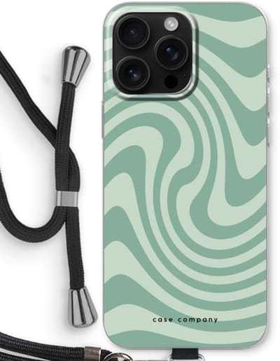 Case Company® - Hoesje met koord geschikt voor iPhone 16 Pro Max hoesje met Koord - Swirl Groen - Telefoonhoesje met Zwart Koord - Bescherming aan alle Kanten en Over de Schermrand