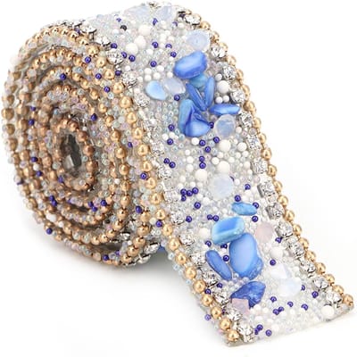 DIY Crystal Bling Trim voor Kleding en Accessoires - 2.5cm Ribbons met Strass Steentjes en Parels in Koninklijk Blauw en Goud