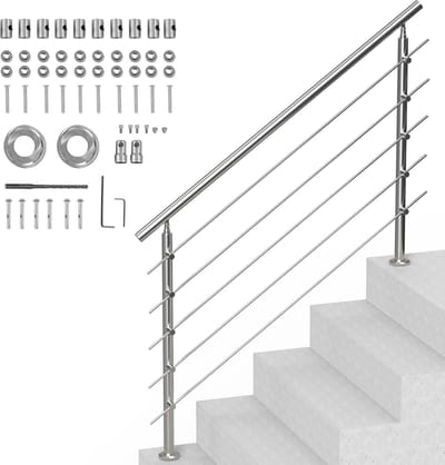 59 Inch (L) Buitentrapleuningen, RVS Trapleuningset met Montage, Dubbel Paalontwerp voor Senioren, Trapleuningset met 5 Dwarsbalken, Ideaal voor Veranda's en Patio's