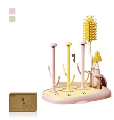 Flessen Droogrek - Opvouwbaar - Twee Borstels - Baby Flessenrek - Afdruiprek - Rose/Geel - Babyfles