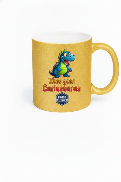 Grappige Mok Dinosaurus 'Wees Geen Curiasaurus' – Kleurrijke Cartoon Dino – Glitter Mok Goud – Cadeau Collega – Keramiek 330 ml