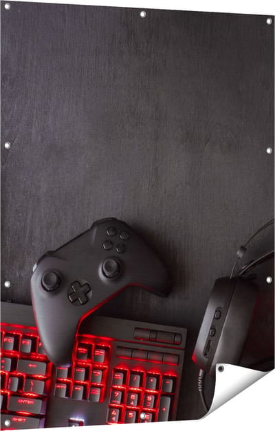 Gards Tuinposter Gaming Spullen - Accessoires - Controller - 90x120 cm - Tuindoek - Tuindecoratie - Wanddecoratie buiten - Tuinschilderij