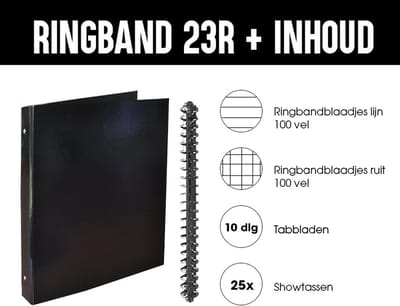 Gevulde ringband - Notitiemap Set – Ringmap – Ringbandblaadjes – A4 Papier – Lijn - Ruit 10mm - Tabbladen - Showtassen - 38–delig – Zwart/wit