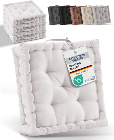 Beautissu Zitkussen Set van 4 Matraskussen 40x40x8 cm - vloerkussen met praktische draaggreep - kussen natuurlijk - Mila