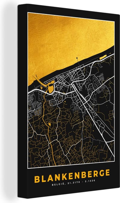 Canvas Schilderij Plattegrond - Stadskaart - Blankenberge - Goud - Kaart - 20x30 cm - Wanddecoratie