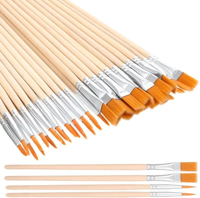 Penselenset, 20 stuks platte en 20 stuks ronde penselen met nylon borstelharen voor acryl-, olie- en aquarelschilderen (houtkleur)