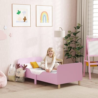 REDOM Kinderbedframe – Laag Model – Roze – Met Uitvalbeveiliging & Afgeronde Hoeken – MDF E1 + Grenenhout – Voor 3-8 jaar