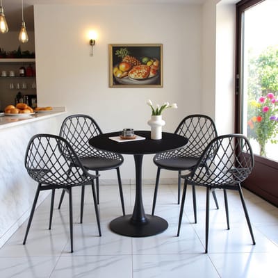 EGGREE eethoek - eettafel met 4 zwarte stoelen - tafel Ø 70 cm - voor bar - café en eetkamer - zwarte tafel