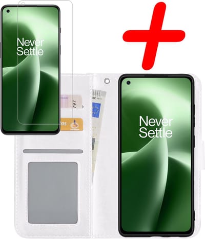 Hoesje Met Screenprotector - Geschikt voor OnePlus Nord 2T - Luxe Pasjeshouder - Bookcase Portemonee - Flip Case - Kunstleer Book Case - Flipcase - Book Cover - Walletcase - Portemonneehoes - Wit