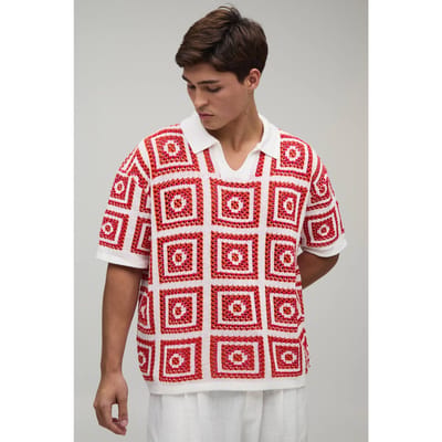 Oversized Boxy Crochet Tapestry Knitted Polo T-Shirt | Red | Size XS