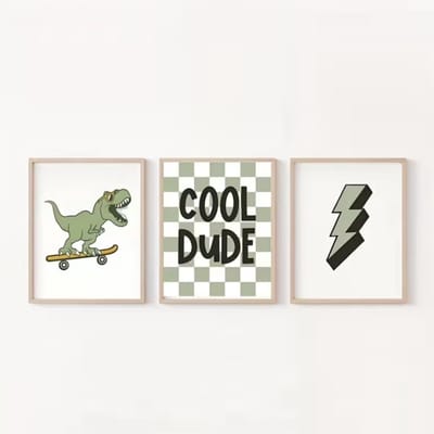 Set van 3 Canvas 'Cool Dude' - 30x40cm - Groen - Dino - Posters zonder Lijst - Babykamer - Kinderkamer - Muur Decoratie Jongen