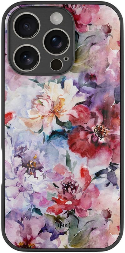 Hoesje geschikt voor Apple iPhone 16 Pro - Bloemen acryl - Paars - TPU luxe case (glossy toplaag) - Bloemen - Hardcase backcover zwart