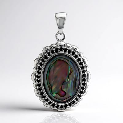 Cavill - Zilveren Hanger - 925 Sterling Zilver - Ovale Abalone Schelp 20x15 mm - Zwarte Spinel Pavé 0,621 ct - Handgemaakt Elegant Natuurlijk Sieraad