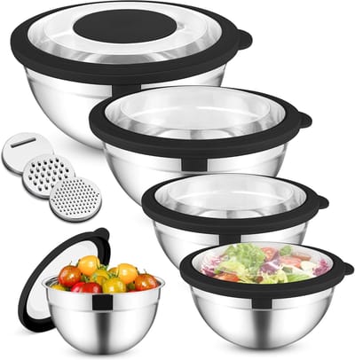 Set van 5 RVS Mengkommen met Transparante Luchtdichte Deksel en 3 Raspaccessoires voor Koken en Bakken, Capaciteit 4.5L/2.8L/1.5L/1.2L/0.7L