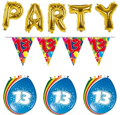 Folat 13 jaar versiering pakket - PARTY letters en 16x ballonnen met 2x plastic vlaggetjes - 13e verjaardag - feestartikelen