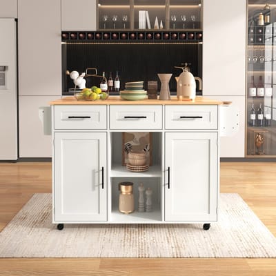 Wishdor - Keukenwagen - Inklapbaar Werkblad En Opbergruimte - Modern - Voor Keuken En Eetkamer - MDF - Wit - 139 X 46(71) X 91,5 Cm