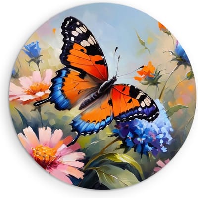 Saammp Muurcirkel Hout -Vlinder bij roze bloem - Dieren - Abstract - Ø 90 - Wandcirkel - Wanddecoratie Cirkel - muurdecoratie Woonkamer - Slaapkamer decoratie - Rond Schilderij