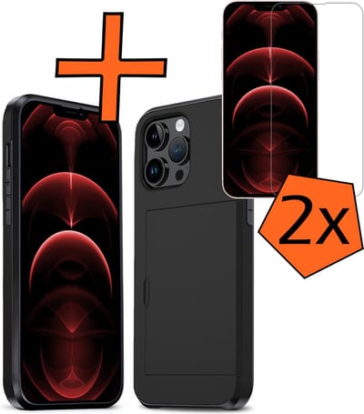 Hoesje Geschikt voor iPhone 14 Pro Hoesje Pasjeshouder Shockproof Hard Case Met 2x Screenprotector - Hoesje Geschikt voor iPhone 14 Pro Hoes Met Kaarthouder - Zwart