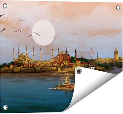 Gards Tuinposter Illustratie van de Maiden's Tower in Istanbul - 50x40 cm - Tuindoek - Tuindecoratie - Wanddecoratie buiten - Tuinschilderij