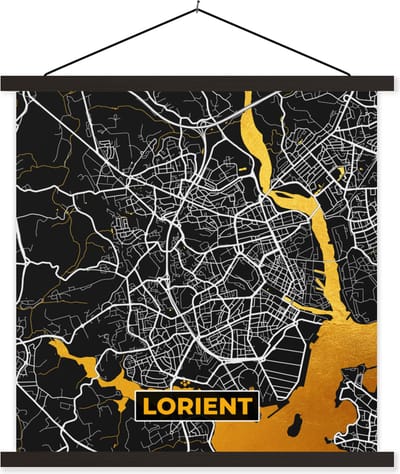 Posterhanger incl. Poster 60x60 cm - Schoolplaat - Plattegrond - Lorient - Stadskaart - Frankrijk - Kaart - Textielposter - Zwarte latten - Stadskaart