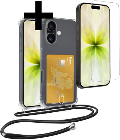 Hoesje Geschikt voor iPhone 17 Telefoonhoesje Met Koord Case Pashouder Met Screenprotector Siliconen - Hoes Geschikt voor iPhone 17 Hoesje Met Kaarthouder - Transparant