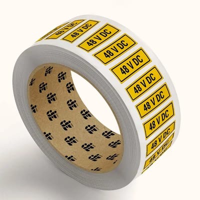48 V DC volts stickers op rol | 6 x 2 cm - 371 stickers per rol