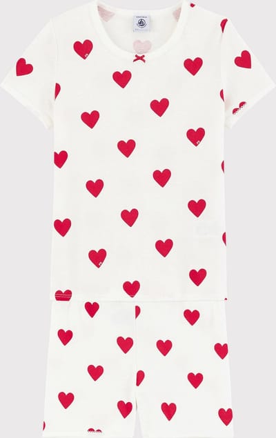 Petit Bateau Korte meisjespyjama in katoen met hartjes Meisjes Pyjamaset - Wit/Rood