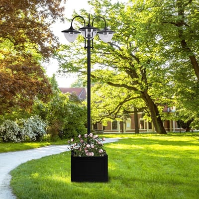STILVORA Lantaarnpaal – 60 x 55 x 189 cm – 3 Lampen Op Zonne-Energie – Kunststof – Zwart – Met Bloempotvoet Voor Tuin En Balkon – IP44