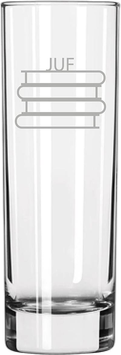 Gegraveerde longdrinkglas 22cl Juf met boeken