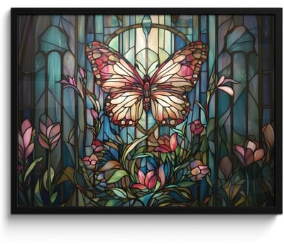 Poster in lijst - Fotolijst 70x50 cm - Posters - Vlinder - Roze - Bloemen - Bladeren - Posterlijst zwart - Decoratie - Wanddecoratie woonkamer - Muurdecoratie slaapkamer