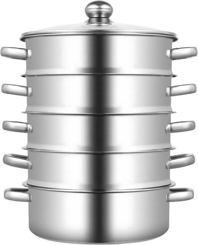 Stoompan - Stoomkoker - Stoommandje - Voor Gezond Koken in de Keuken - 5-Laags Multifunctionele Stoomboot - 24 cm met Glazen Deksel - RVS