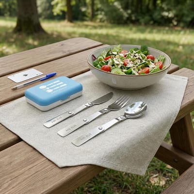 3-delig opvouwbaar bestekset van roestvrij staal, inklapbare lepel en vork, ideaal voor camping, picknick en outdoor activiteiten met opbergdoos