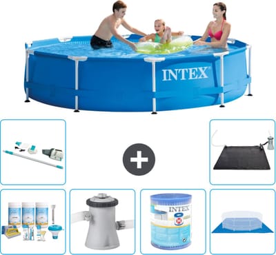 Intex Rond Frame Zwembad - 305 x 76 cm - Blauw - Inclusief Onderhoudspakket - Zwembadfilterpomp - Filter - Grondzeil - Stofzuiger - Solar Mat - 7-delig