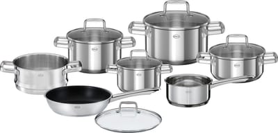 Rösle Pannenset Moments – 7-delig – Compleet Kookpakketten met Glazen Deksel – RVS Pannen voor Inductie, Gas, Elektrisch en Keramisch – Met Maatverdeling en Hittebestendige Grepen – Ideaal voor Gevarieerd Koken in Stijl