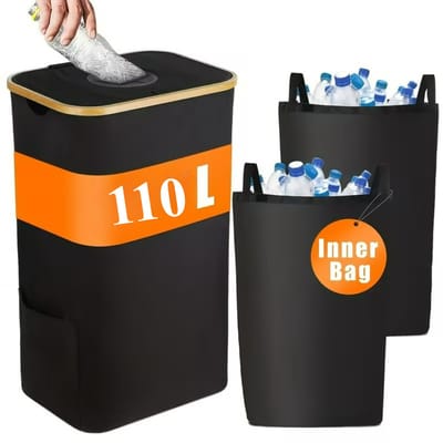 Grote 110 liter Flessenverzamelaar voor selectieve sortering Afvalbak Afvalscheiding met deksel en 2 handzakken - Recycling voor glas, papier en kunststof - Zwart Prullenbakken
