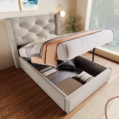 OKWISH Gestoffeerd Bed 90x200cm - Hydraulisch Opklapbaar Lattenbodem - Groot Opbergruimte - Eenpersoons Retro Hoofdeinde - Katoen - Lichtgrijs - Zonder matras